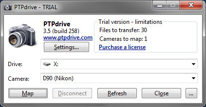 Mounts PTP digital camera as a virtual drive in Windows.